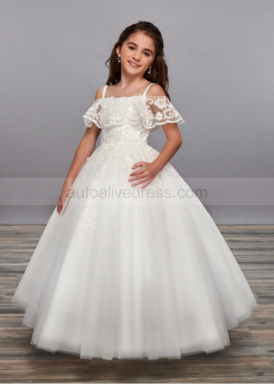 Cold Shoulder Beaded Ivory Lace Tulle Fancy Flower Girl Dress